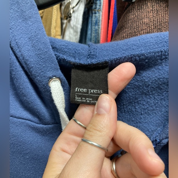 Free Press Blue Hooded Pullover With Black and White Striped Hem - Picture 3 of 3